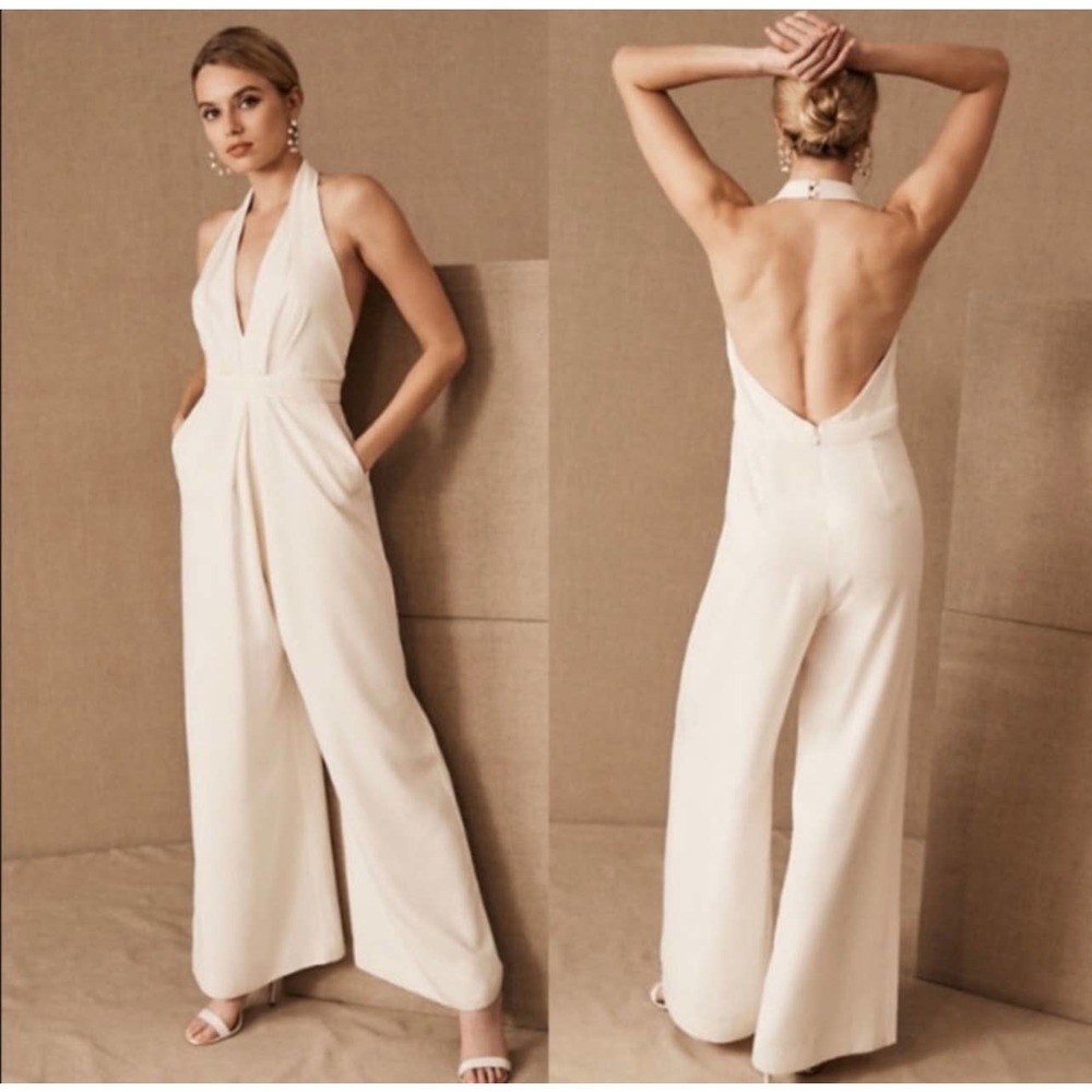 Bhldn Jill Jill Stuart Womens Mara Jumpsuit Plunge Neck Ivory Halter Wide Size 8
